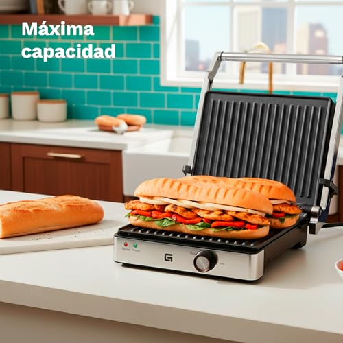 Parrilla grill eléctrica Grunkel 1000-2000W forma parilla barbacoa dos dimensiones, Antiadherente con Apertura 180° (2000W Grande) - imagen 8