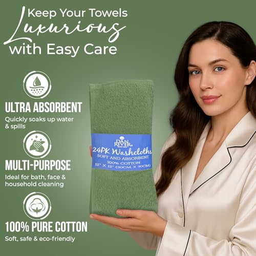 Image of DAN RIVER 24 Pack Wash Cloths for Showering [12x12] - 100% Cotton Washcloths Premium Quality Flannel Face Cloths for Bathroom, Highly Absorbent and Soft Feel Wash Clothes, Sage Green