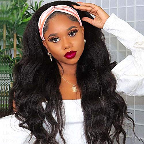 LEOSA Long Wavy Headband Wig for Black Women, Synthetic Body Wave Wig Easy to Wear Wig with Black Headband Natural Looking NONE Lace Replacement Wig Full Machine 24 inches (1B#)
