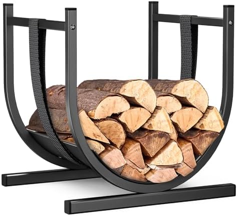 VOUNOT® Kaminholzregal Metall, U-förmiges Brennholzregal mit stabiler Basis und Sicherheitsgurt, Kaminholzständer für Kamin & Ofen, Feuerholzregal Innen und Aussen, 41 x 37 x 39,5