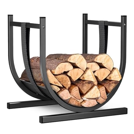 VOUNOT® Estante Almacenamiento Leña 41x37x39.5cm Soporte de Madera Metálico con Correa Seguridad, Cesto Leña Leñero Interior y Exterior en Forma de U Estantería Organizador para Troncos Chimenea Negro