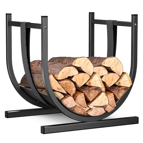 VOUNOT® Estante Almacenamiento Leña 41x37x39.5cm Soporte de Madera Metálico con Correa Seguridad, Cesto Leña Leñero Interior y Exterior en Forma de U Estantería Organizador para Troncos Chimenea Negro