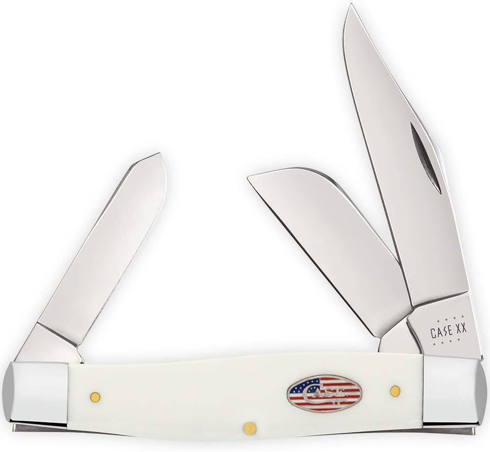 Case XX WR Pocket Knife Large Stockman White Synthetic Stars & Stripes Item #39916 (4375 SS) 4 1/4 inches Closed, Made In USA