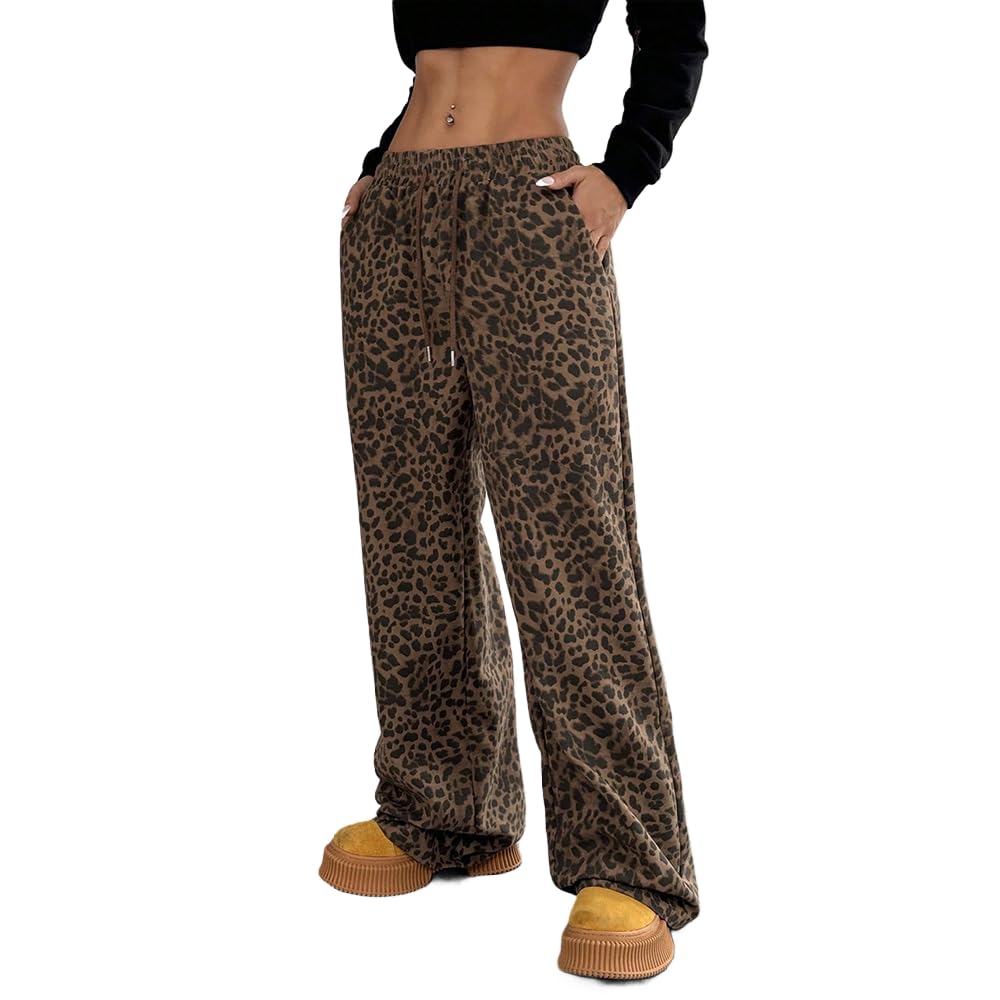 nine-tailed fox Womens Leopard Baggy Wide Leg Sweatpants Drawstring High Waisted Cheetah Print with Pockets