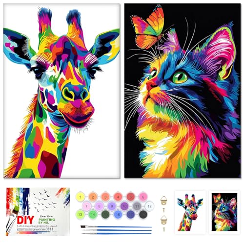 QENSPE 2 Pack Kit de Pintura por Números, Lienzos Estirados para Pintar para Adultos, Pintura al Óleo Acrílica para Estudiantes Principiantes, Suministros para Dibujo (20x30 cm) Jirafa, Gato Colorido