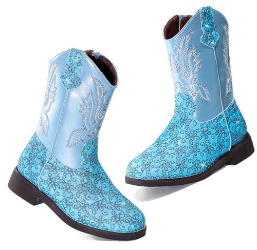 DADAWEN Boys Girls Cowboy Boots Embroidery Glitter Mid Calf Square Toe Kids Western Cowgirl Boots Riding Shoes (Toddler/Little Kid/Big Kid)
