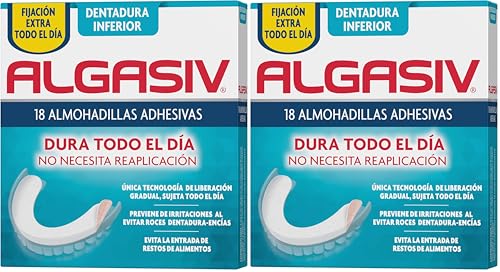 Algasiv Almohadillas Adhesivas para Dentaduras Postizas Inferiores, Dura Todo el Día y Protege las Encías, 18 Unidades (Paquete de 2)