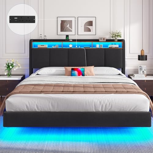 DICTAC Double Floating Bed Frame with Upholstered Storage Headboard, Stable and Sturdy 4ft6 Double Bed Frame with Power Strip & LED Lights, 135x190 cm Platform Bed Frame No Box Spring Needed, Grey