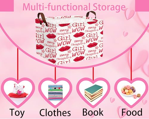 Image of Valentines Day Basket Large Foldable Heart Shaped Storage Box for Gifts Kids Empty Storage Bins Rectangular Toy Organizer Decor (Lips Snowflakes)