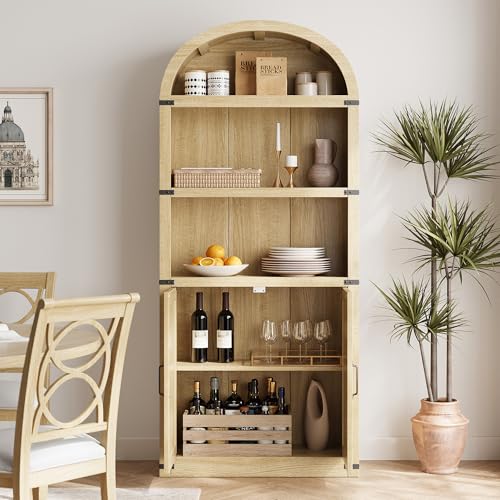 GarveeHome Bookcase with Doors Arched Bookshelf 71.65in Tall Bookcase Farmhouse Cabinet with Shelves Wooden Bookshelves for Home Office, Living Room (Light Oak)