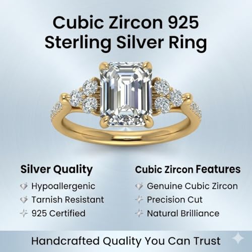 Image of Choose Your Gemstone Emerald Cut Petite Cathedral Diamond CZ Ring Yellow Gold Plated Emerald Shape Petite Engagement Rings for Women, Girls and Ladies US Size 4 to 12