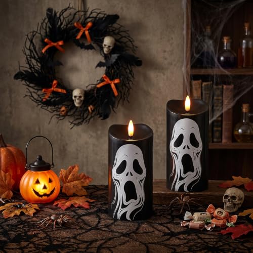 Image of Halloween Black Flameless Pillar Candles with Ghost Decals, 2PCS