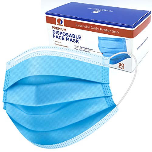 Tetsumask Premium Disposable Face Masks - 3 Layer Face Mask With Nose Wire - Pack of 50 - Comfortable and Easy to Wear Breathable Face Mask Disposable
