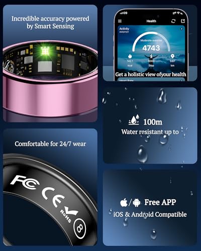 Image of Smart Ring for Women & Men with Display, Health Ring with Heart Rate, Sleep Monitor, IP68 Waterproof Fitness Ring, Fitness Tracker Ring, No APP Fee for iPhone and Android (Pink, 8#)