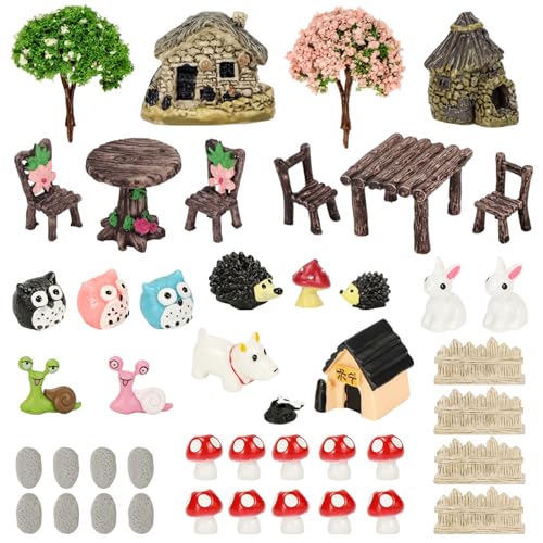 KKSTY 45 Pcs Miniature Fairy Garden Accessories Outdoor Ornaments Kit Mushroom Tree Owl Dwelling Mini Animals Figurines for Dollhouse Micro Landscape Plant Pot Bonsai Garden Home Decor