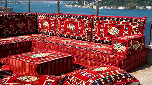 4" Thickness Red L Shaped Floor Couch, Arabic Sofa Seating, Floor Pillow, Corner Floor Couch, Sectional Sofa Set, Patio Furniture, Living Room Sofa (L Sofa Full Set, 8'' Thickness (20 Cm)) #TOP1