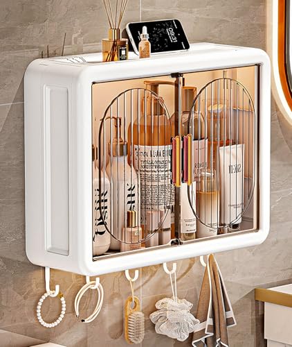 Image of House of Quirk Wall-Mounted Bathroom Storage Rack - Punch-Free Magnetic Organizer Box with 5 Hooks, Dustproof Storage for Home & Bathroom Essentials (White, Large)