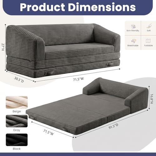 Image of JUIKURY Convertible Sofa Bed, 3-in-1 Foldable Loveseat Couch with Armrest, Corduroy Floor Sofa & Sleeper Bed, No Assembly High-Density Foam Futon Mattress for Living Room, Small Apartment, Dorm