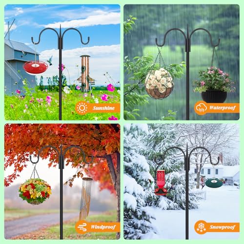 Image of FEED GARDEN Heavy Duty Shepherds Hook Squirrel-Proof Bird Feeder Pole 108 inch Double Hooks 5-Prong Base & 19 inch Baffle for Outdoor Feeders & Plants