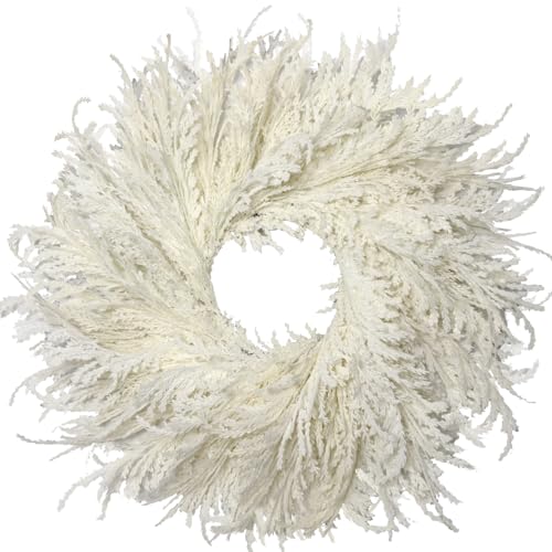 HipTree 28 Inch Spring Boho White Flocked Cypress Wreath Outdoor Neutral Pampas Grass Wreaths - Handmade Faux Farmhouse Cedar Wreath for Front Door All-Season Year-Round Ins Home Dcor