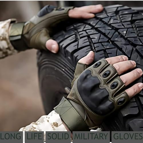 Image of Tactical Riding Gloves for Men - Half-Finger Motorcycle Gloves with Rubber Knuckle Guard, Non-Slip Grip & Palm Padding - Ideal for Bike Riders, Sports, and Outdoors (Green)