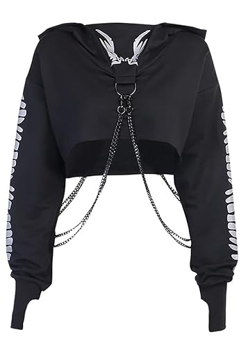 TSMNZMU Womens Gothic Cropped Hoodie Long Sleeve Punk Grunge Skull Print Sweatshirt Emo Alt Mall Goth Tops with Iron Chain - Dark Academia Shirts - 3X-Large