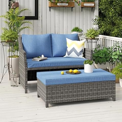 OC Orange-Casual 2-Piece Outdoor Patio Furniture Wicker Love-seat and Coffee Table Set, with Built-in Storage Bin, Grey Rattan, Navy Blue Cushions Cover