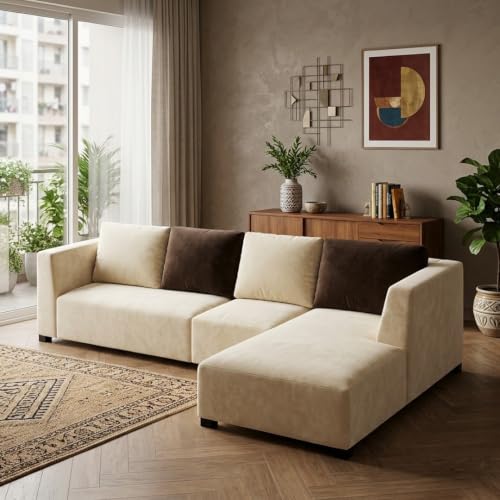Image of FURNY Olympus 6 Seater RHS L Shape Sofa Set | Plush Velvet Suede Fabric | Modern Design | Soft Comfort Dual Color Cushions for Living Room, Office & Hotels (Cream-Dark Brown)