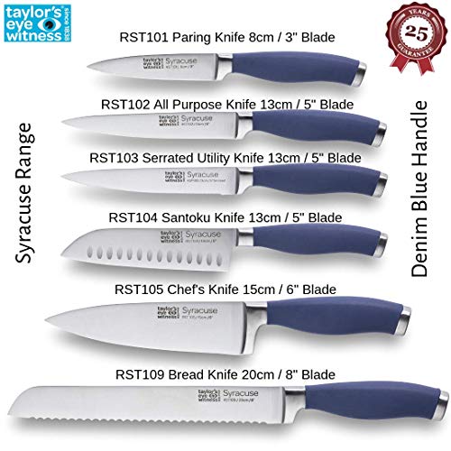 Taylors Eye Witness Syracuse Asian Kitchen Knife Set - Chefs Santoku 13cm/5” & Cooks All Purpose 13cm/5” Cutting Edge, Multi Use. Ultra Fine, Razor Sharp Blade. Soft Textured Grip Denim Blue Handle. - Image 6