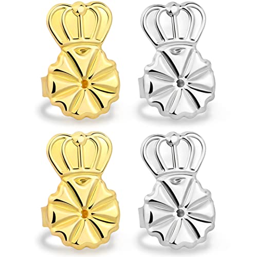 KMEOSCH Magic Earring Backs for Droopy Ears 2 Pairs Adjustable Crown Earring Lifters for Heavy Earring to Prevent Sagging & Stretched Earlobes (Golden & Silvery 2 Pair)