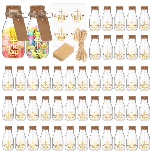 Roshtia 48 Set 4oz Plastic Holy Water Bottles Catholic with Corks Baptism Clear Jars with Gold Cross Sticker Empty Holy Container for Religious Church Wedding Party Favors Gift