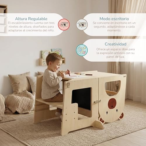 Miniatura 4 de Buddy Baby Xperimenta - Torre De Aprendizaje De Madera Maciza Montessori Para Niños-Convertible En Escritorio Infantil Y Taburete -Torre Ayudante De Cocina Plegable Con Barra De Seguridad