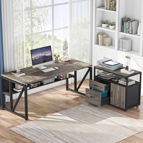 Image of Tribesigns L Shaped Desk with Drawer Cabinet, 63 inch Executive Computer Desk and lateral File Cabinet, 2 Piece Home Office Furniture with Drawers for Hanging File, Doors with Locks (Gray, 63 inches)