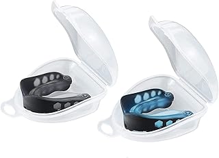 2 Pcs Sport Mouth Guard Sports for Football Martial Arts Mouthguards Lacrosse Basketball Hockey Boxing MMA Jiu Jitsu Includes Detachable Helmet Strap Youth and Adult Mouth Guard Adults and Junior Gum Shield with Case for Adult Senior Junior Martial Arts Mouthguards Jaw Protection Mouth Guard Boxing Mouldable Gum Shield for Rugby and Other Contact Sports (clear black , clear blue)