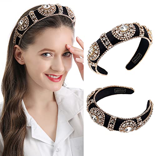 Qianxuan Crystal Rhinestone Headbands For Women White Pearl Headbands For Girls Padded Headband Black Velvet Jewelry Chain Hairband Handmade Pearly Flower Retro Filling Diamond Hair Accessories #TOP6