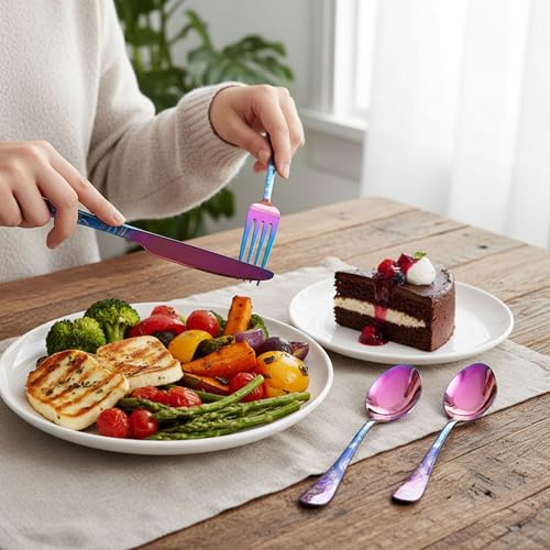 Image of 5 Pcs Rainbow Floaral Stainless Steel Cutlery Set for Dining Table with Spoon and Fork Set & Butterknife - The Perfect Tableware /Flatware