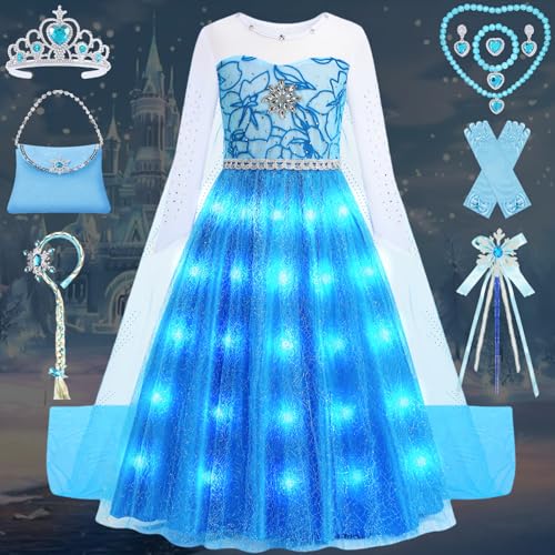 Elsa FR064S - Disfraz de princesa para niña, disfraz de reina de hielo, disfraz de princesa de hielo, disfraz de princesa de hielo, disfraz de fiesta azul, con accesorios, varita mágica, corona