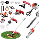 cukoekim Gas Weed Wacker, 52cc 2-Stroke Petrol Hedge Trimmer ＆ Grass Trimmer, 5 in 1 Multifunctional Weed Eater, Gas Powered Long Pole Brush Cutter, Outdoor Trimming Tool for Home, Yard, Garden Red
