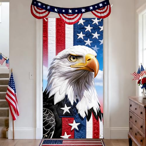 Image of BissYard Patriotic Eagle Door Cover 71 x 35 Inches American Flag Bald Eagle Door Banner USA Independence Front Door Decoration Indoor Outdoor Porch Veterans Memorial Decor