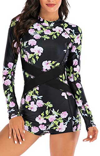 Swimall Women Boy Short Long Sleeve Swimsuits One Piece Rash Guard Bathing Suit Swimwear Upf 50+(Black, Large(8-10)) #TOP2