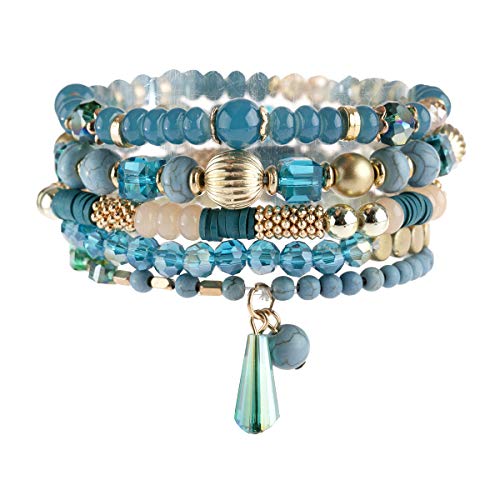 Bohemian Mix Bead Multi Layer Versatile Statement Bracelets - Stackable Beaded Strand Stretch Bangles Sparkly Crystal, Tassel Charm (Teal)