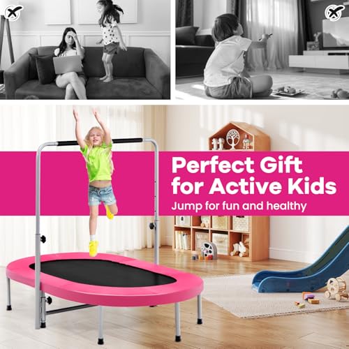 GYMAX Foldable Kids Trampoline, 60” Fitness Rebounder with 92-132cm Height Adjustable Handle, Indoor Outdoor Exercise Trampolines for 2 Toddlers Parent-Child, Max Load 150kg (Pink) - Image 7