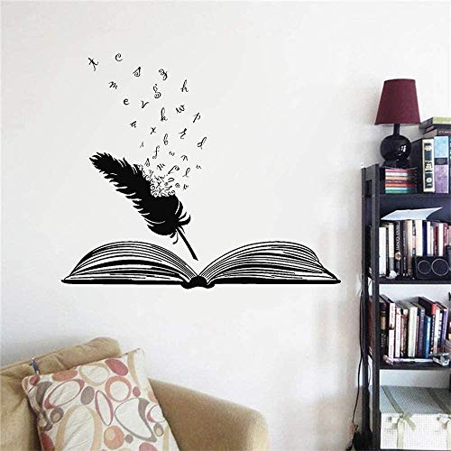 Pegatina de vinilo extrable para pared, estudio de biblioteca, libro abierto, pluma, personaje, escritor, literatura, arte, escuela, pegatina, accesorios 68x57cm