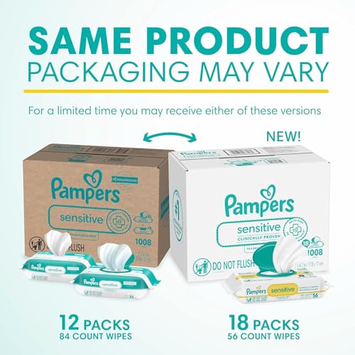 Pampers Sensitive Baby Wipes, Water Based, Hypoallergenic and Unscented, 18 Flip-Top Packs (1008 Wipes Total) [Packaging May Vary]
