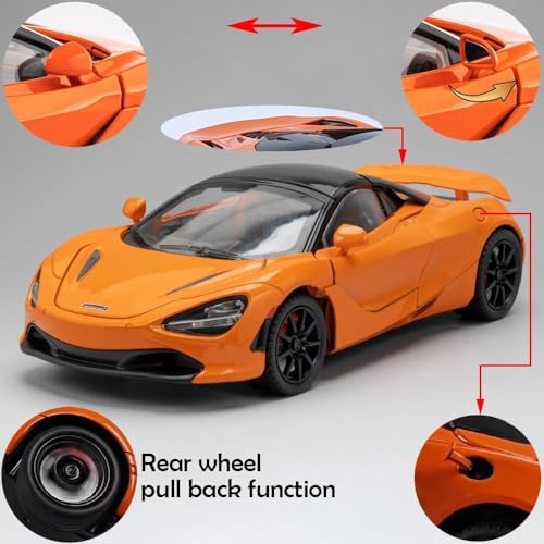 Image of 1:24 McLaren 720S Convertible Diecast Car | Alloy Metal Pull Back Toy Car with Openable Doors, Lights & Music | Model Car for Kids Boys Girls Gift & Collectors (Orange)