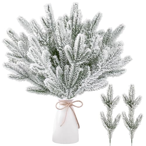 Sggvecsy 30 Pcs Snow Frosted Artificial Pine Branches Christmas Snowy Pine Needles Fake Greenery Pine Spray Picks for DIY Crafts Garland Wreath Xmas Embellishing Home Holiday Decoration