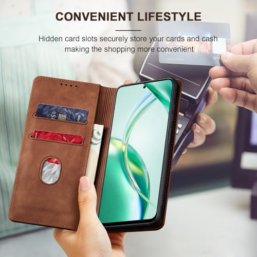 Image of Jasonyu Case for Honor 200 Smart Leather Wallet Flip Cover with Card Holder,Kickstand, Magnetic Closure,TPU Shockproof Phone Case Compatible with Honor 200 Smart (Brown)