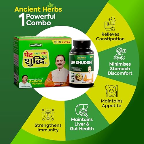 Image of Jeena Sikho Pet Yakrit Pleeha Shuddhi Kit & Liv Shuddhi, Combo | Ayurvedic Detox Kit | | Gut & Liver Cleanse | With Ashwagandha, Shankhpushpi & Giloy | Natural Immunity & Health Booster, 60 tablets