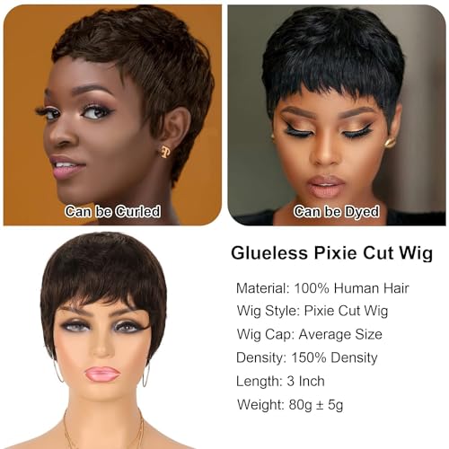 Perruque cheveux humains pixie courte marron foncé avec frange coupe droite