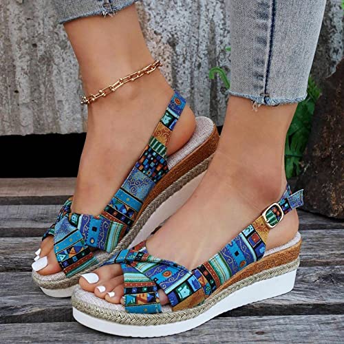 Orthopedic Wedge Sandals for Women Summer Dressy Open Toe Ankle Strap Platform Sandals Casual Strappy High Wedges Slip on Sandals Beach Sandals Dress Shoes Comfortable Outdoor Shoes (#B-Blue, 7.5)